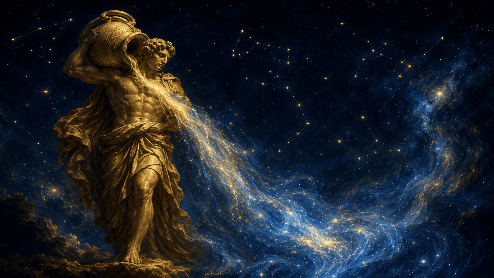 Age of Aquarius: a classical water-bearer figure in flowing robes pouring a stream of stars from an amphora across a deep indigo night sky, the constellation Aquarius glowing above, dawn horizon breaking below