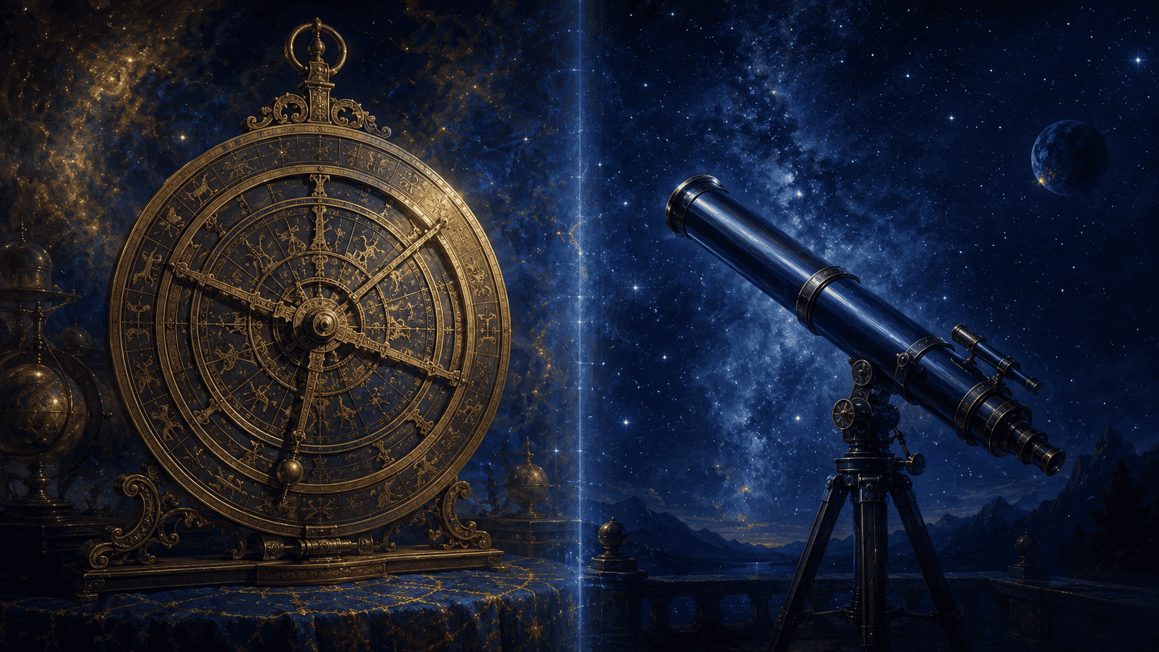 Astrology vs astronomy: a Renaissance scholar's desk with a 1540 Astronomicum Caesareum paper-disc calculator in the foreground, zodiac glyphs visible on layered discs, a star chart on parchment behind it, indigo and gold candlelight illuminating the scene