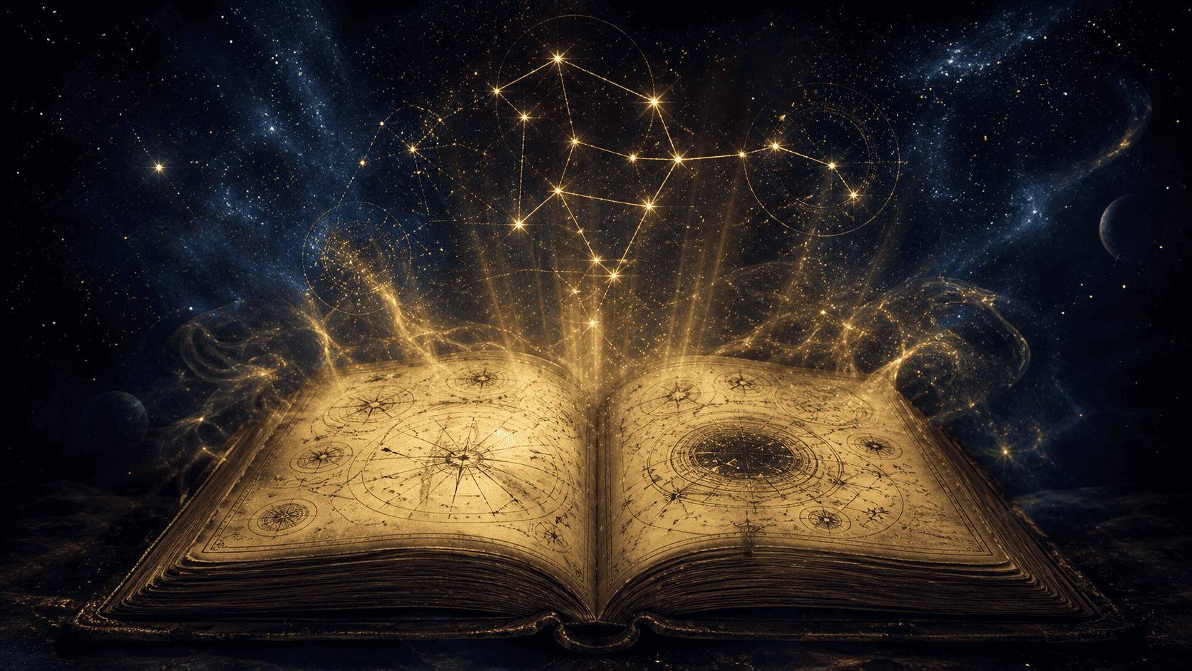 What does the Bible say about astrology: an open antique Bible on a wooden table illuminated by candlelight, a zodiac wheel illustration visible on the opposite page, indigo shadows and gold highlights on the gilded page edges