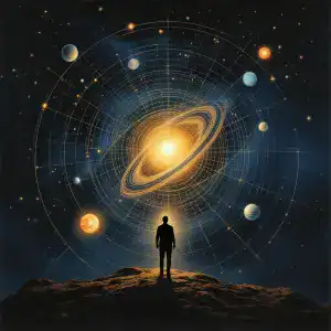 Person gazing at a cosmic zodiac wheel with planets and stars in space.