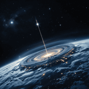 Astronomical event with a bright cosmic energy beam striking Earth from space.
