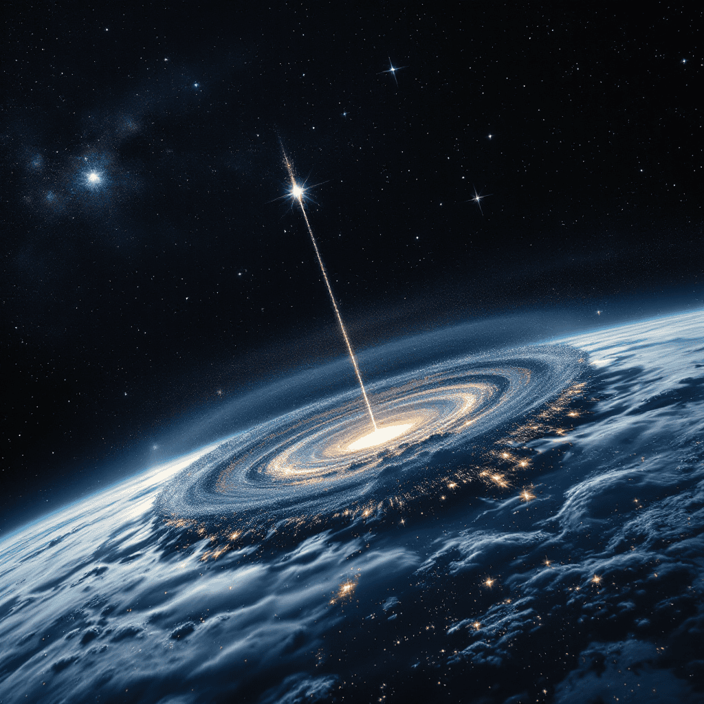 Astronomical event with a bright cosmic energy beam striking Earth from space.