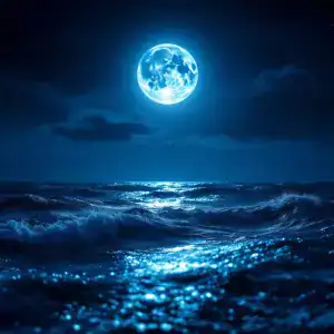 Bright full moon illuminating ocean waves under a dark night sky.