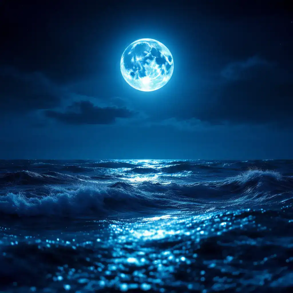 Bright full moon illuminating ocean waves under a dark night sky.