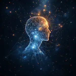 Digital illustration of a human head with interconnected neural network and starry background.