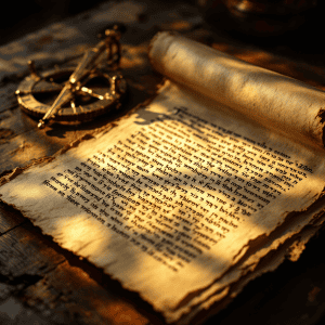 Ancient scroll with a compass, symbolizing astrology and zodiac insights, on a rustic wooden surface.