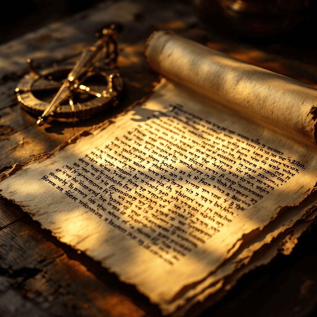Ancient scroll with a compass, symbolizing astrology and zodiac insights, on a rustic wooden surface.