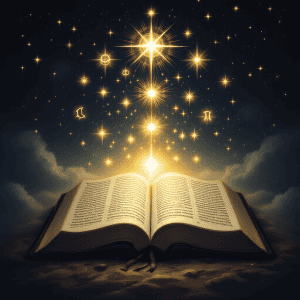Astrology book with zodiac symbols and glowing stars, mystical celestial background.