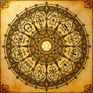 Ancient zodiac circle with Hebrew symbols and pentagram, mystical astrology art.