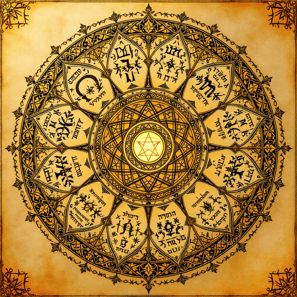Ancient zodiac circle with Hebrew symbols and pentagram, mystical astrology art.