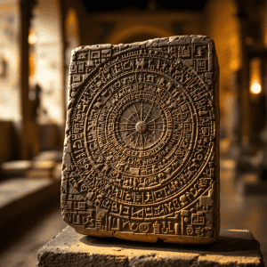 Detailed ancient Mayan calendar stone with intricate carvings and symbols.