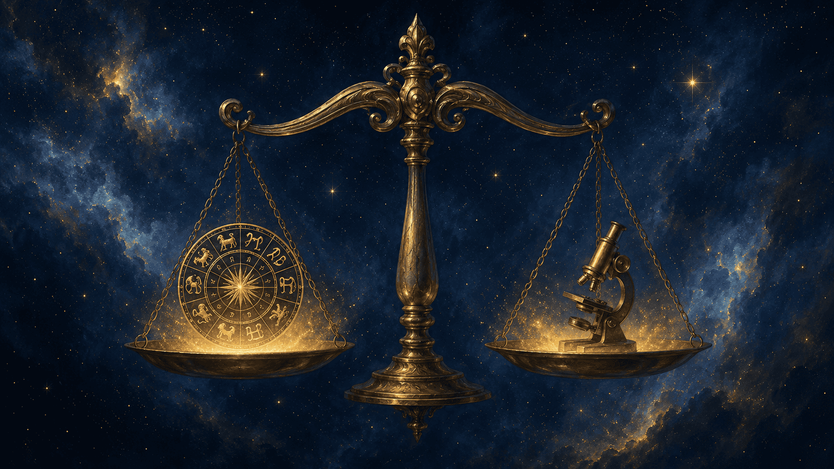 How accurate is astrology: a scientific journal page open on a desk with statistical charts and tables visible, a small zodiac wheel illustration overlapping one corner, reading glasses and indigo desk-lamp lighting, the aesthetic of peer review meeting astrology