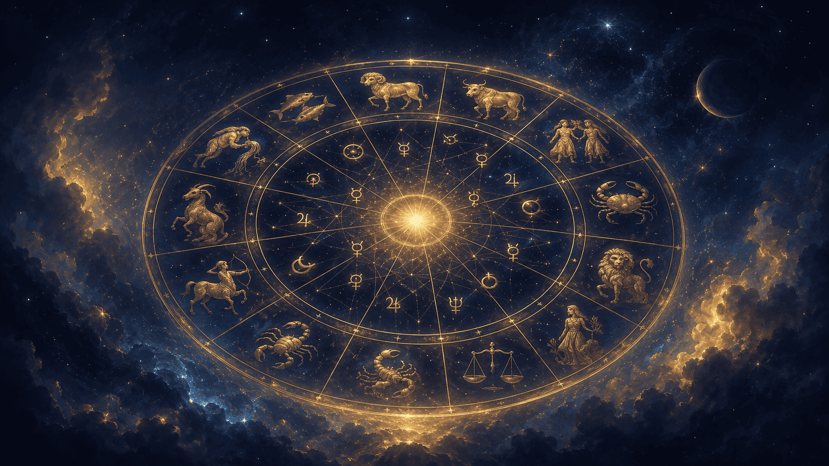 How to read a birth chart: a detailed natal chart wheel in close-up divided into twelve houses, planet glyphs scattered across positions, gold lines connecting aspects between squares and trines, deep indigo background with subtle star field