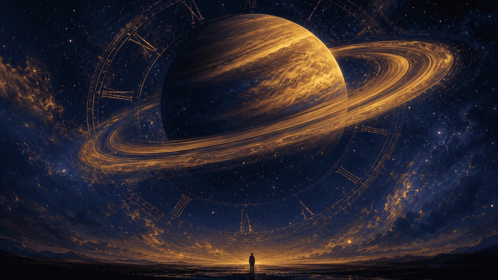Saturn return meaning: the planet Saturn with prominent gold-accented rings against a deep indigo space background, a faint clock overlay suggesting the cyclical return, a solitary figure silhouette standing on a small platform in the foreground looking up at the planet