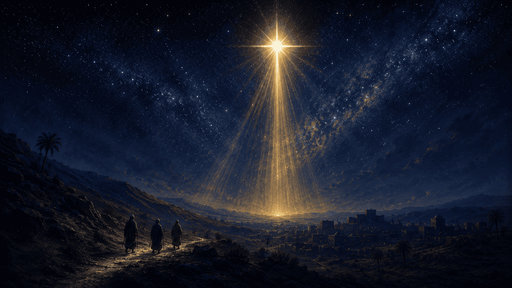 Star of Bethlehem: three Persian Magi on camels silhouetted against a deep indigo night sky with two bright planets forming a conjunction near the eastern horizon, a small Bethlehem settlement glowing in the distance, gold light bridging sky and earth