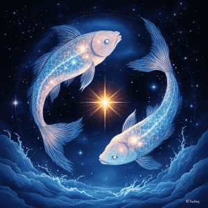 Koi fish swimming in a cosmic, starry background with zodiac elements.