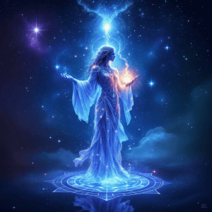 Ethereal woman surrounded by stars and cosmic energy, representing astrology and zodiac signs.